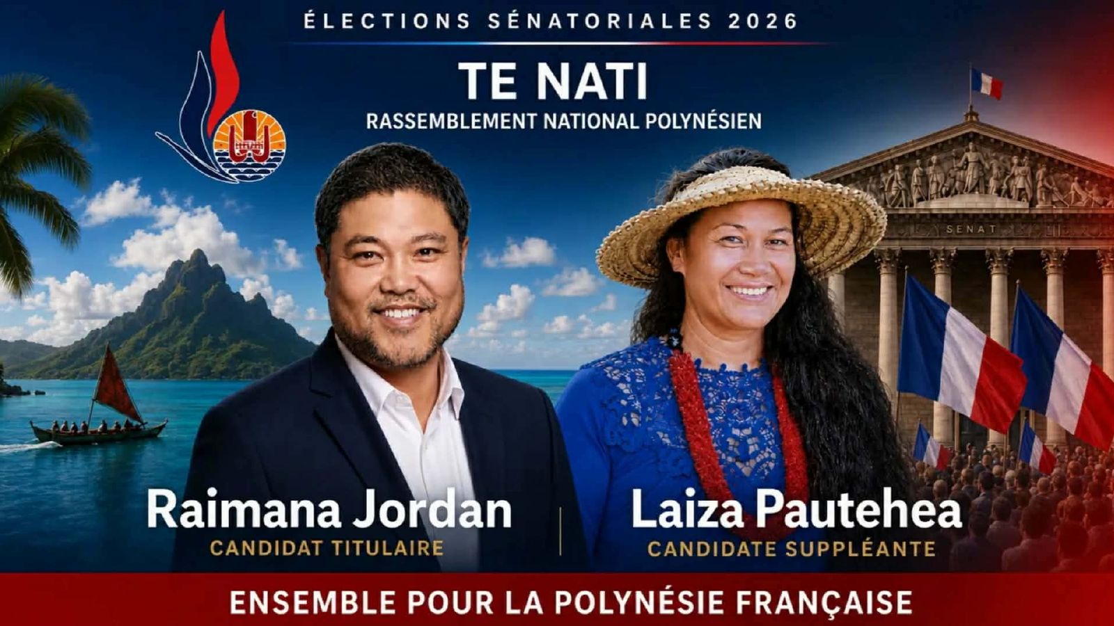 Diapo 1 : Couverture : élections sénatoriales 2026, Te Nati RNP, Raimana Jordan candidat titulaire et Laiza Pautehea candidate suppléante